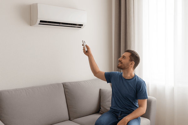 Persona-aire-acondicionado-control-remoto